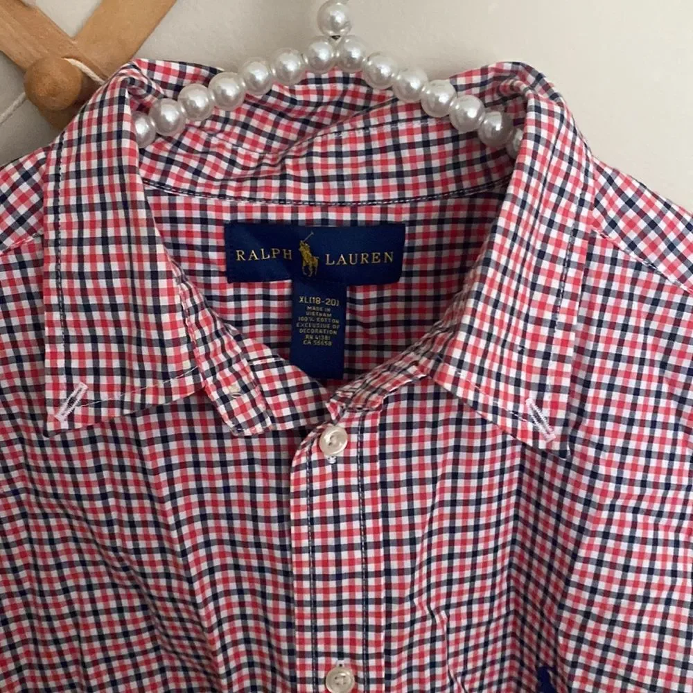 Ralph Lauren Boys XL 18-20 Plaid Button Down Shirt Gingham Red Blue Cotton LS